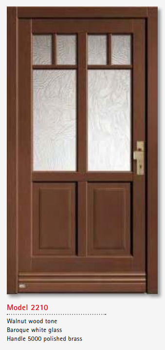 UNILUX Model 2210 Walnut Door, Baroque White Glass, Polished Brass Handle, Premium Classic Timber Entry Door